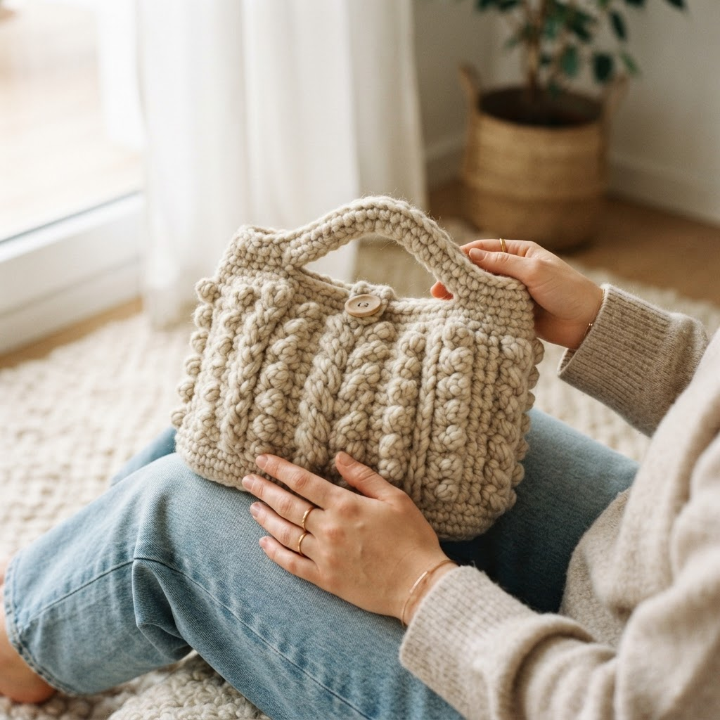 Bolsa de crochê feita à mão na cor creme